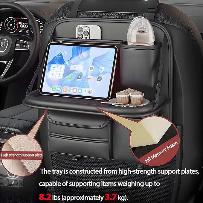 Universal Premium Leather Foldable Car Backseat Organizer with Table Tray, Seat Back Protector with Touch Screen Pad Phone Holder, Car Storage Pockets Tissue Holder with School Bags Hooks - Image 4