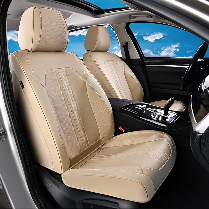 Huidasource Beige Seat Covers, Luxury Faux Leather Car Seat Cover, Velcro Adjustable, with Airbags, Seat Belts, Thinning Design Perforation Cooling＆Heating Fit for Most Cars, Vans, Trucks, SUVs, Beige - Image 2