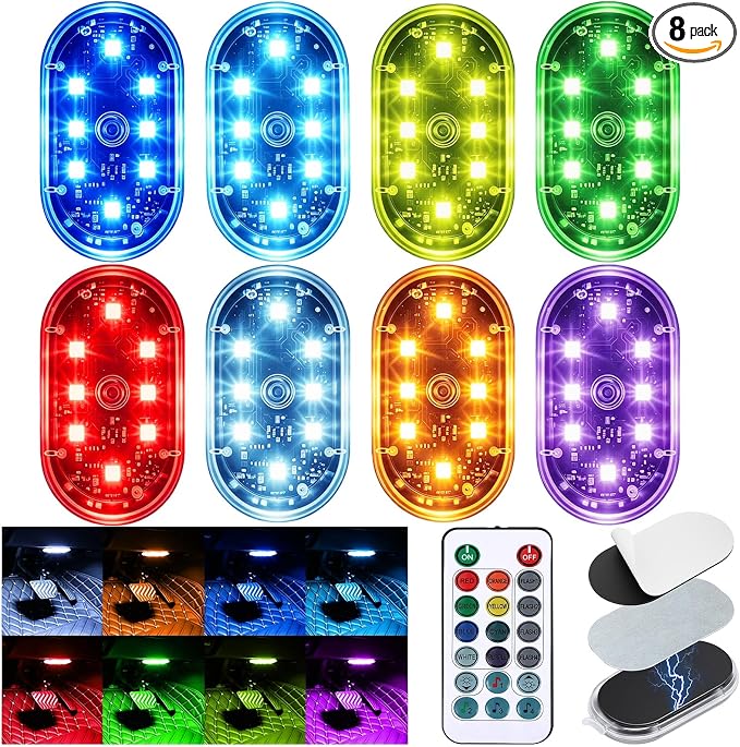 8PCS Magnetic Wireless Interior Car Lights, 8 Colors RGB Ambient Nightlight | LED Rechargeable Strobe Lighting with Remote & Touch Control, Vehicle Decor for Footwell Door Dash Glove Box – Car Truck SUV by Suacopzar