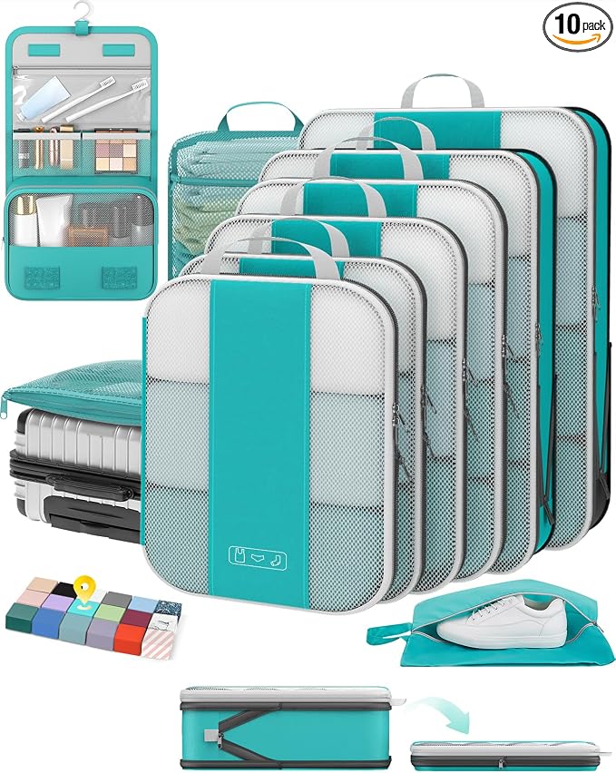OlarHike 10 Set Compression Packing Cubes for Travel Essentials,Compressible Expandable Space Saver Bags for Organizing Clothes,Luggage Suitcase Garment Bags with Over 1000 pcs Mesh Holes(Blue Green) by OlarHike