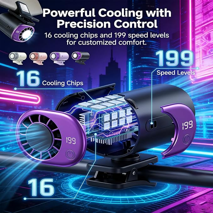 Clip On Air Conditioner Fan, 199 Speeds & 16°C Cooling (Pink) | Premium ABS for Car/Office/Bed/Beach, 20dB Ultra-Quiet, 2000mAh Battery, 360° Rotation, USB-C, LED Display, Secure Clip - Image 2