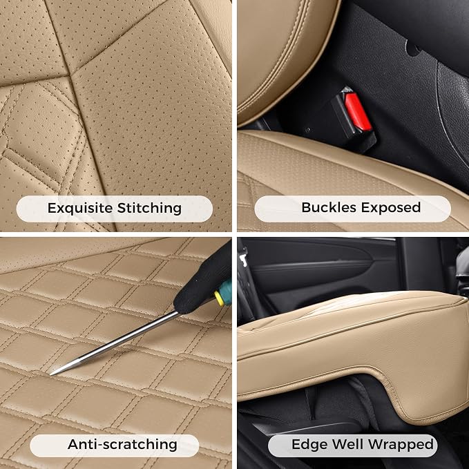 Huidasource Upgrade Grand Cherokee Seat Covers, Full Coverage Waterproof Leather Car Seat Covers, Custom Seat Cushion Protector Fit for Jeep Grand Cherokee 2011-2021 (Full Set/Beige) - Image 4