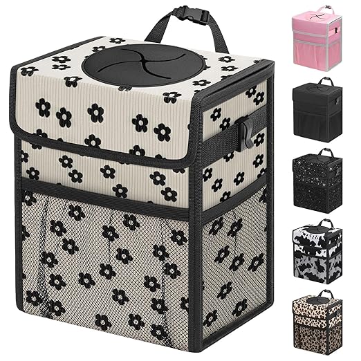 Capolo Car Trash Can with Lid, Leakproof Car Garbage Can Car Trash Bag | Waterproof, Trash Can for Car, 3 Mesh Pockets, Mini Hanging Vehicle Car Trash Bin, for Back/Front Seat (Black Flower,2.5 Gal) by Capolo