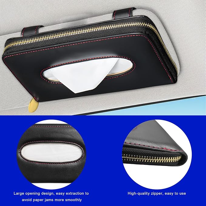 Car Tissue Holder, PU Leather Auto Sun Visor Tissue Case Napkin Holder with Zipper, Rectangular Mask Dispenser Hanging Paper Towel Organizer for Cars SUVs Trucks RVs (Black) - Image 3