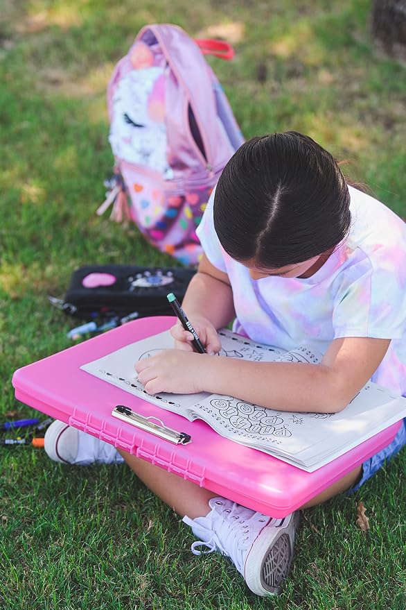 DEXAS Portable Lap Desk with Storage, Integrated Handle, Exterior Wire Clip, 18”x 15.25”x 1.38” Pink w/White Latch - Image 4