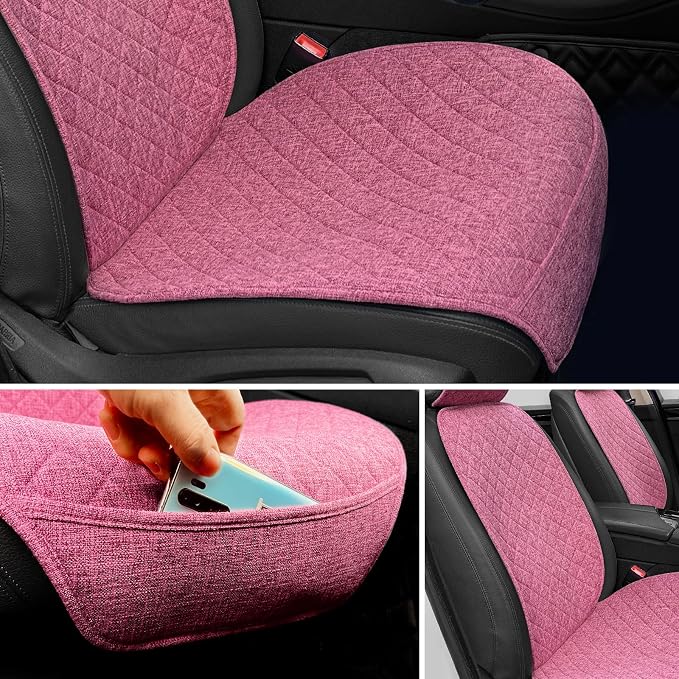 BOPUOVRE Linen Front Car Seat Covers Breathable Fabric | Car Seat Protector Universal Fit Cars Vans SUVs Trucks 2 Units Pink - Image 2