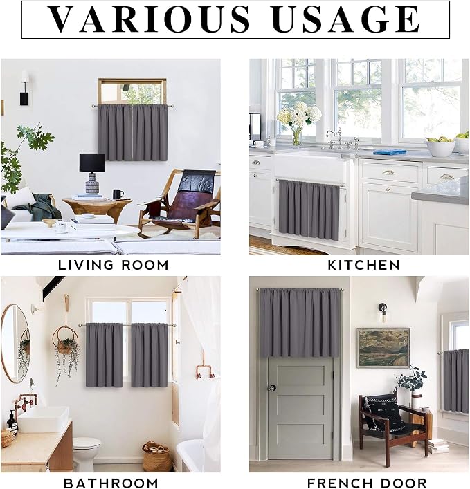 RYB HOME Cafe Blackout Curtains 24 inch Length, RV Camper Window Curtains | Short Small Half Window Tiers, Privacy, Thermal Insulated, Light UV Heat Blocking, Rod Pocket, W29 x L24, Grey, 2 Panels - Image 7