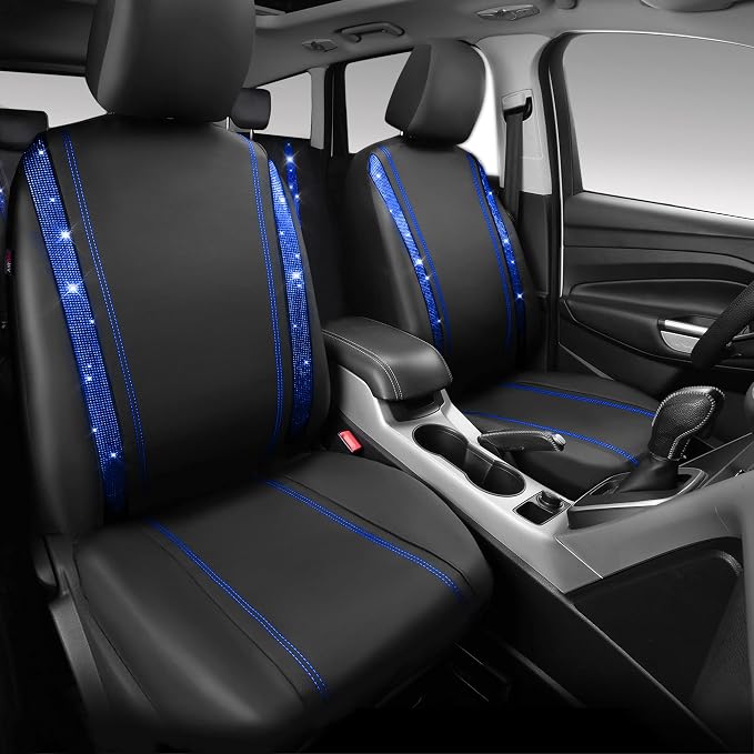 CAR PASS Bling Diamond Car Seat Covers Full Set, Shining Rhinestone Waterproof Faux Leather, Rear with Zipper, Universal Fit Automotive Glitter Crystal Sparkle Strips for Cute Women Girl, Blue - Image 2