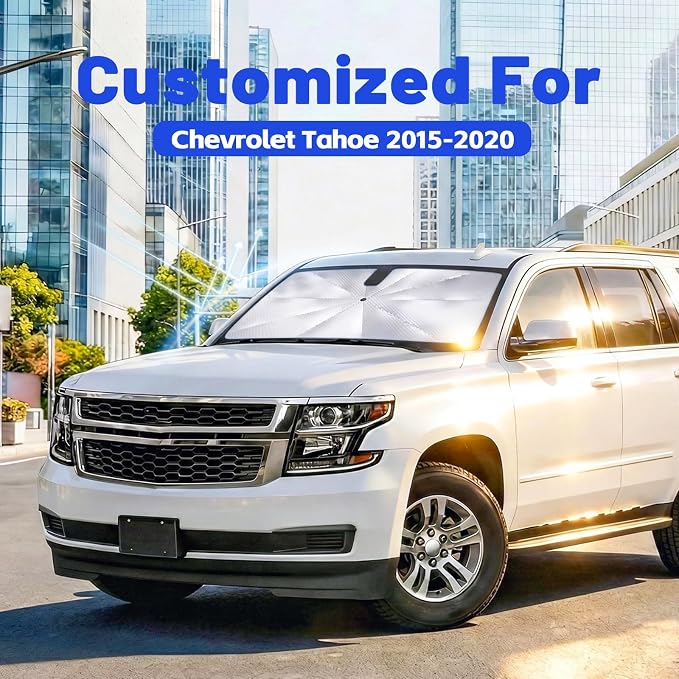Car Windshield Sun Shade Umbrella for Chevrolet Tahoe 2015-2020, 1:1 Fit | [Reflective Coated Fabric] Car Shades Sun Visor Keep Car Cool and Protects Interior, Sunshade Umbrella for Front Window - Image 2