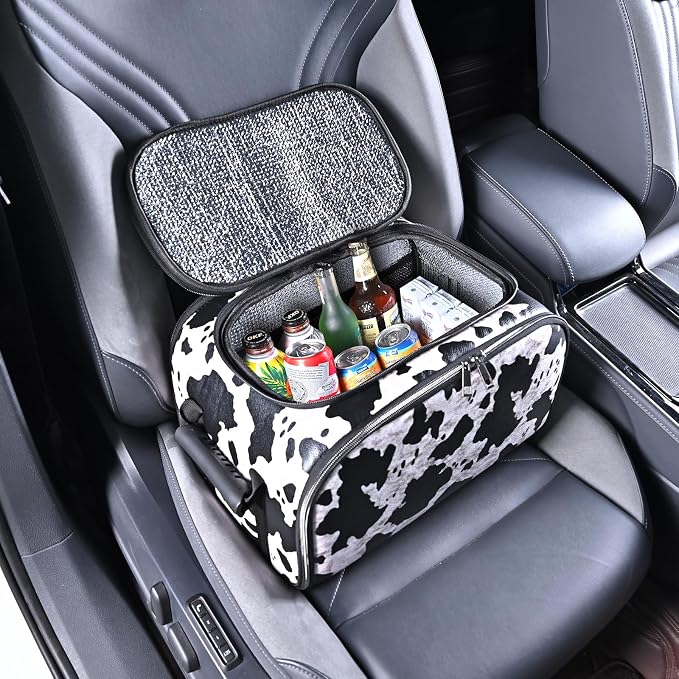 Cow Print Insulated Cooler Bag for Car, Multi-Mode Portable Thermal Lunch Cooler Tote, Reusable Thermal Storage Bag for Drinks, Snacks & Food, Ideal for Car Seat, Trunk, Road Trips & Travel by SunshineSkyAutoProducts