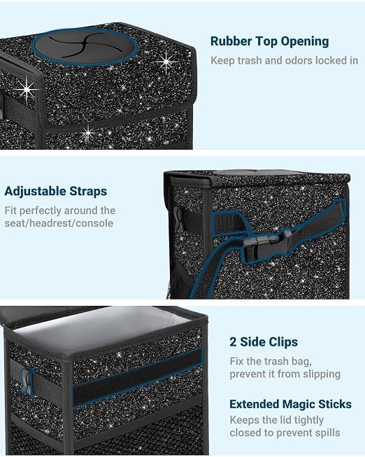 Capolo Car Trash Can with Lid, Leakproof Car Garbage Can Car Trash Bag | Waterproof, Trash Can for Car, 3 Mesh Pockets, Mini Hanging Vehicle Car Trash Bin, for Back/Front Seat (Sparkly Black,3 Gal) - Image 3