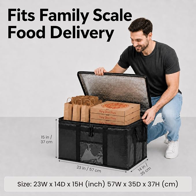 NZ home PRO Large Insulated Food Delivery Bag (3XL, Black, 1 Pack) | Thermal bag, For cold & hot food, Water-resistant, Portable cooler, Soft sided catering tote, Grocery bag with zippered top - Image 3