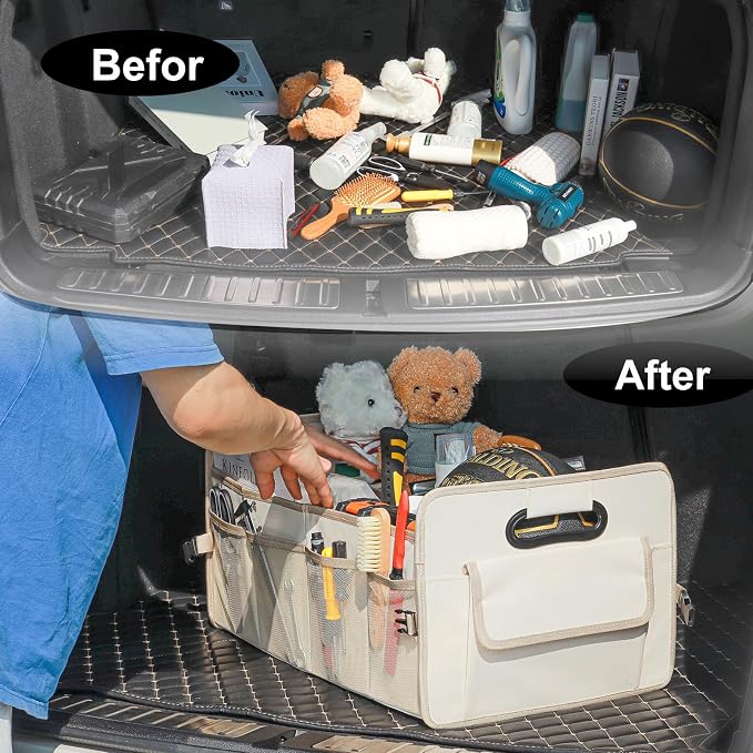 Car Trunk Organizer, Collapsible Car Organizers and Storage Large Beige | Sturdy, Strong Capacity, Clean Decor, Multi Compartment Container Box, Adjustable Car Accessories for SUV Sedan Truck - Image 7