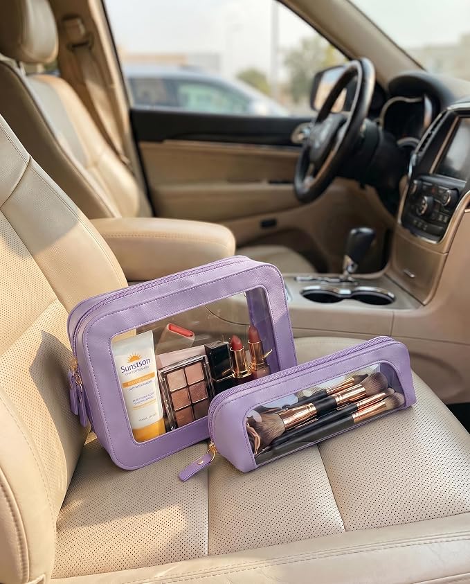 Makeup Bag Set Cosmetic Pouch for Women Waterproof PU Leather,Travel Toiletry Bag Cute Makeup Organizer Purse Pouch Preppy Pencil Case with Zipper (2Pack-Standard&Slim, Purple) - Image 4