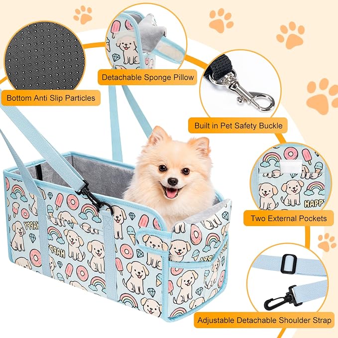 Console Dog Car Seat for Small Dogs, Foldable Booster Seat, Blue Puppy | Portable Booster Seat Sits On Car Console/ Armrest. Foldable for Easy Storage. for Center Console, Easy To Clean. - Image 3