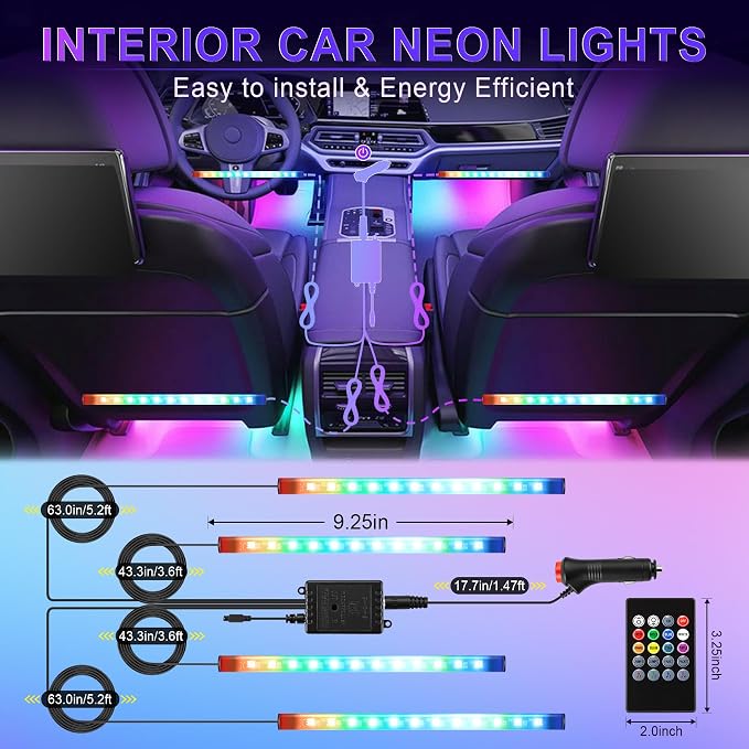 LivTee Car Led Interior Lights，4pcs 48 LED Multicolor Music Car Interior Accessories Under Dash Lighting Waterproof Kit with Sound Active Function and Wireless Remote Control, Car Charger Included - Image 5