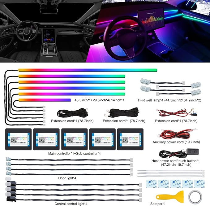 Dreamcolor Acrylic Interior Car LED Strip Light with Wireless APP, RGB 18 in 1 with 175 inches 600 LEDs Fiber Optic Car Ambient Lighting Kits, Dual Zone Sound Active Function LED Strip for Car - Image 2