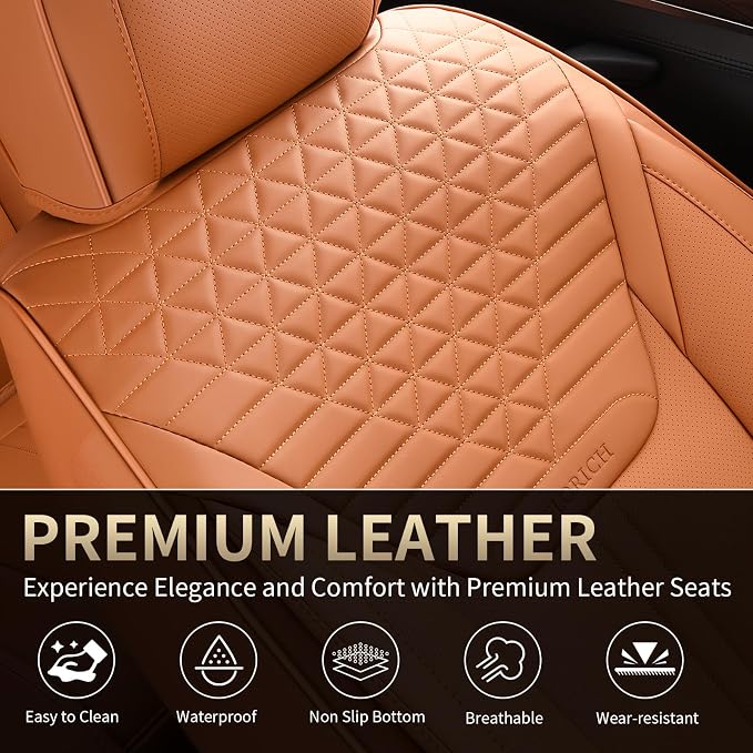 Seat Covers, Car Seat Covers Full Set, Luxury Nappa Leather Seat Covers, Breathable and Waterproof Car Seat Protector 5 Seat, Automotive Seat Covers Universal Fit for Most Cars-Brown - Image 8