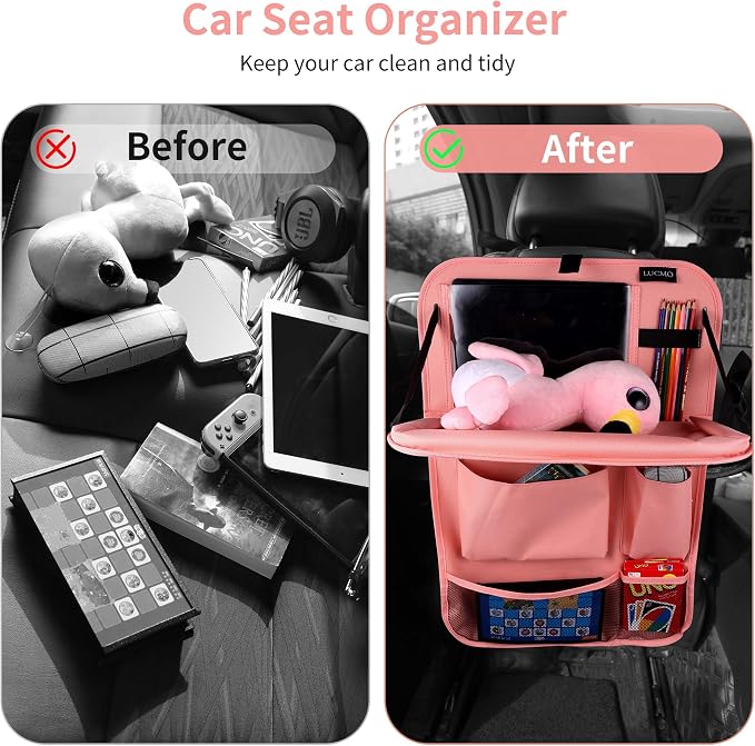 LUCMO Car Backseat Organizer with Foldable Tablet Holder, Pink | 2 Pcs,6 Storage Pockets,Foldable Food Tray,Protectors Kick Mats,Travel Accessories,Seat Cover,Road Trip Essentials - Image 7