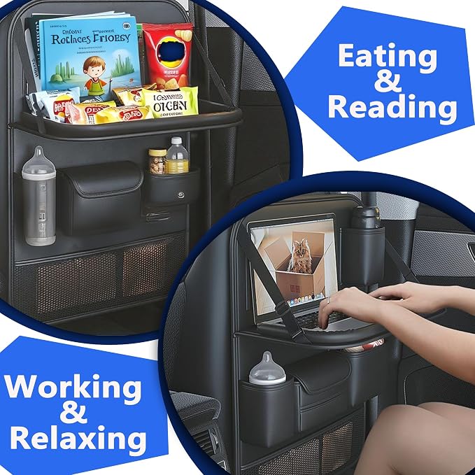 2-Pack Backseat Car Organizers with Tray, Black | Premium Car Seat Back Kick Mats, Backseat Protector Hanging Storage, Foldable Tray, 9 Deep Pockets, 21"x17"; Universal Fit - Image 3