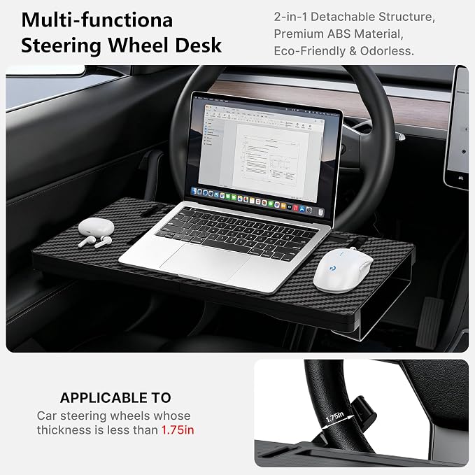 2-in-1 Car Steering Wheel Desk Tray & Seat Gap Filler Organizer | Foldable Car Laptop Table with Adjustable Hooks, Fits Most Steering Wheels, Carbon Fiber Look - Image 2