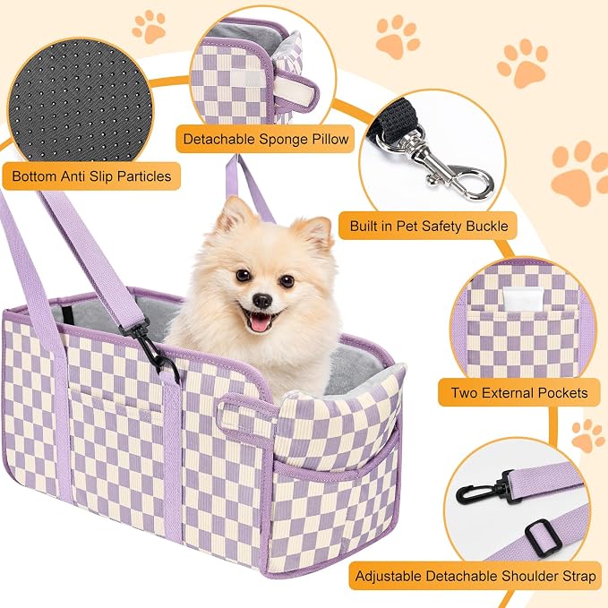 Console Dog Car Seat for Small Dogs, Foldable Booster Seat,Purple Checkered | Portable Booster Seat Sits On Car Console/ Armrest. Foldable for Easy Storage. for Center Console, Easy To Clean. - Image 3