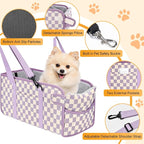 Console Dog Car Seat for Small Dogs, Foldable Booster Seat,Purple Checkered | Portable Booster Seat Sits On Car Console/ Armrest. Foldable for Easy Storage. for Center Console, Easy To Clean. - Image 3