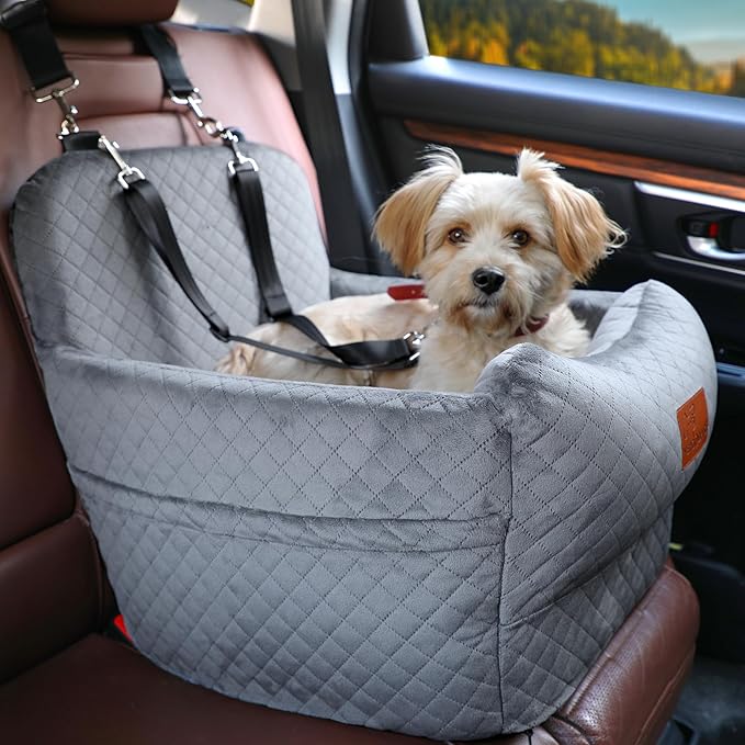 Dog Car Seat for Small Medium Dogs,Portable Pet Booster Seat with Safety Strap & Removable Washable Pad,Memory Foam Dog Travel Bed for Car,SOFE Velvet for Puppies Cats（M-Grey） by VERGODPRODogCarSeatBed