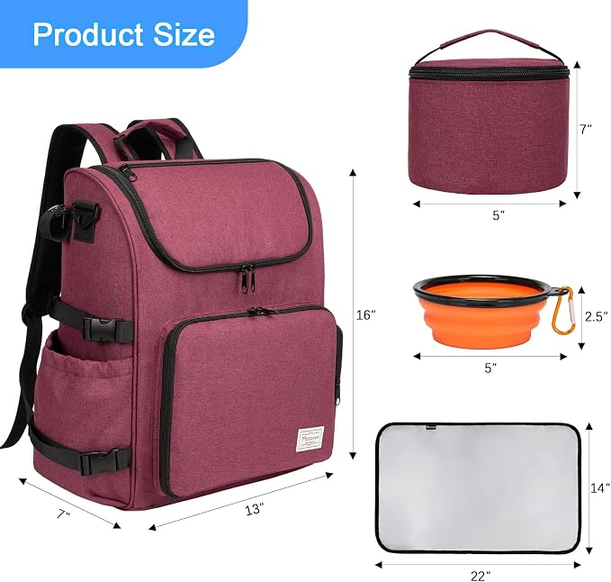 Modoker Multi-Compartment Dog Travel Backpack for Pet Supplies, Rose Red | Dog Travel Accessories Organizer with 2 Food Bags, 2 Bowls, Quick-Access Pockets, Tissue Opening, Luggage Sleeve, Feeding Mat - Image 4