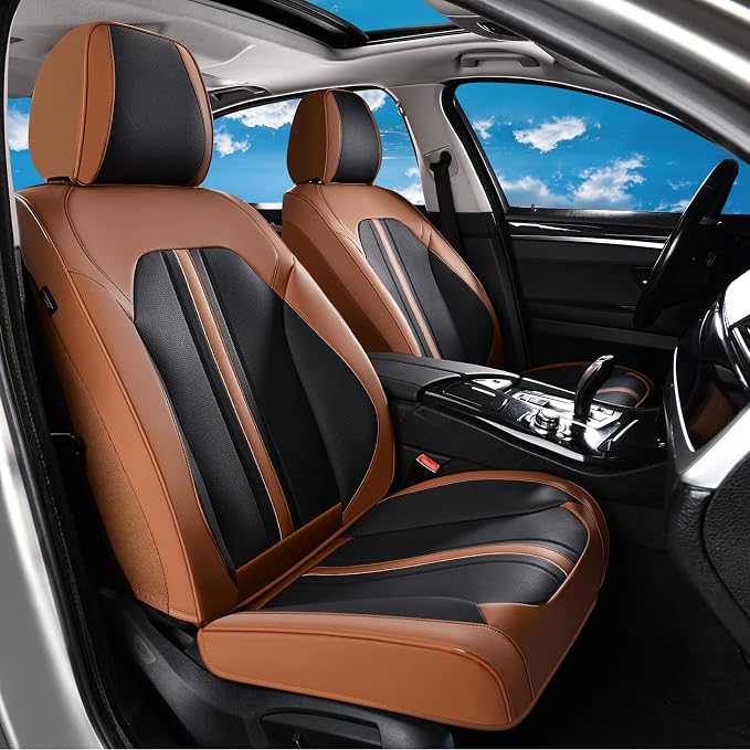 Huidasource Front Car Seat Cover, Luxury Faux Leather Car Seat Covers Front Seats, Fit Airbags, Seatbelt Buckles, Perforation, Cooling＆Heating, Universal Fit for Most Cars Vans Trucks SUVs Brown＆Black by Huidasource
