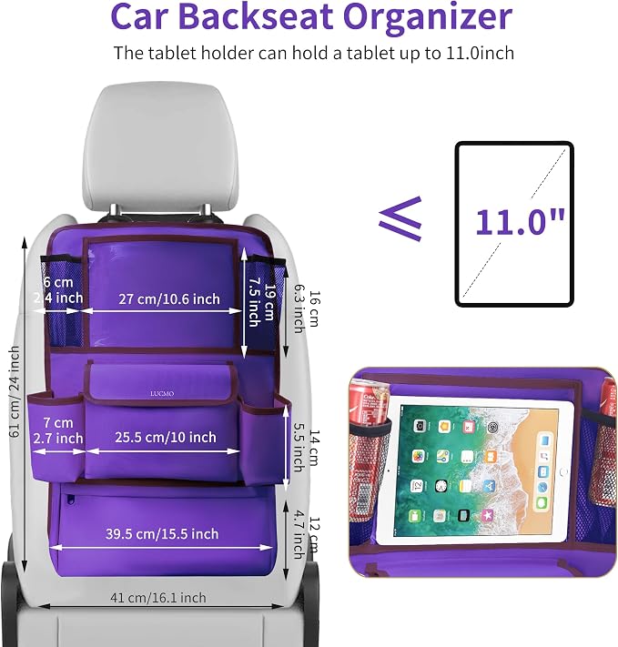 LUCMO Car Backseat Organizer with Touch Screen Tablet Holder, Dark Purple | 9 Storage Pockets,Clear Tablet Holder,Protectors Kick Mats,Travel Accessories,Seat Cover,Road Trip Essentials - Image 5