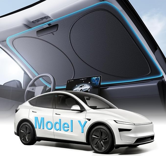 2026 Upgraded Windshield Sun Shade for Tesla Model Y [Precision Custom Fit, Superior UV & Heat Block] Cooling Tech Fabric, Durable Foldable with Storage Bag, Fits 2020-2026 by Unknown