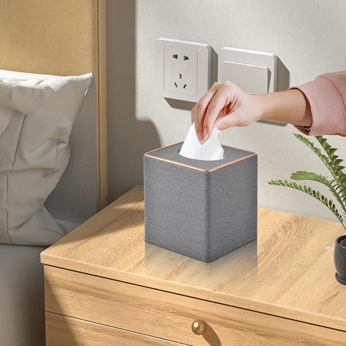 Linen Square Tissue Box Holder Cube Tissue Box Cover－Rosegold Leather Recorate,Napkin Holder Case Dispenser, Tissue Holders with Magnetic Bottom for Home Office Car Hotel Restaurant,Grey - Image 2