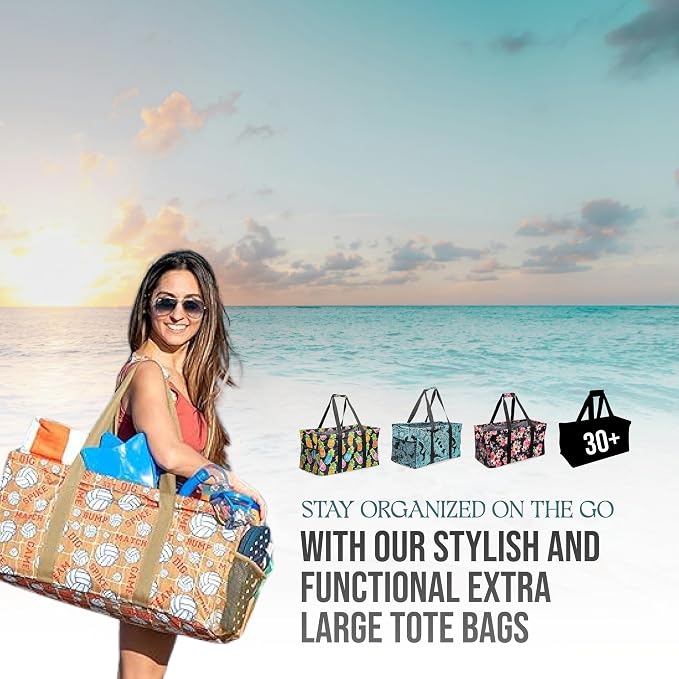 Extra Large Utility Tote Bag - Oversized Collapsible Reusable Wire Frame Rectangular Canvas Basket With Two Exterior Pockets For Beach, Pool, Laundry, Car Trunk, Storage - Volleyball - Image 9
