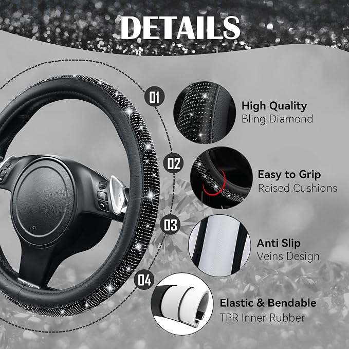 CAR PASS Bling Black Diamond Leather Steering Wheel Cover, with Sparkly Crystal Glitter Rhinestone Universal Fit 15" 1/2-16" Large Size Car Wheel Protector for Women Girl Fit Car,SUV,Van,Sedan, Black - Image 3