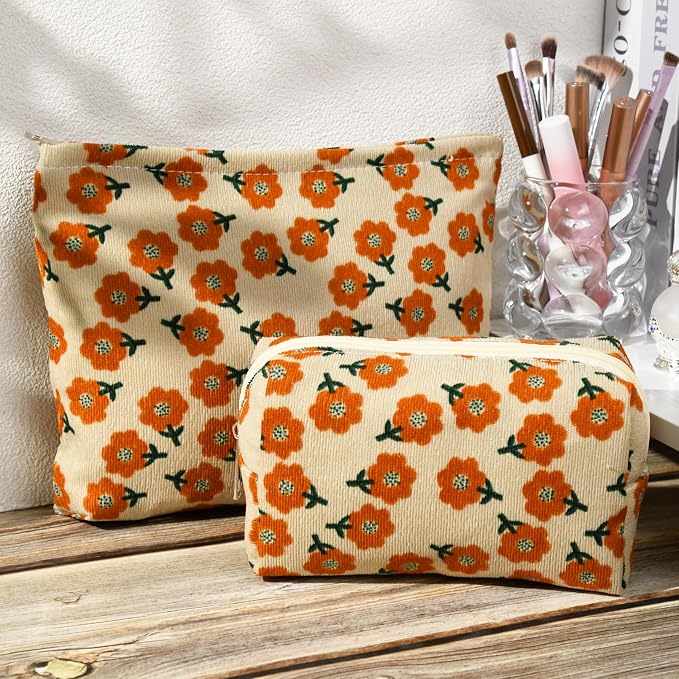 SOIDRAM 2 Pieces Flower Makeup Bag Large Corduroy Cosmetic Bag Capacity Canvas Mix Travel Toiletry Bag Organizer Cute Makeup Brushes Aesthetic Accessories Storage Bag for Women, Flower Mix Orange - Image 2