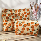 SOIDRAM 2 Pieces Flower Makeup Bag Large Corduroy Cosmetic Bag Capacity Canvas Mix Travel Toiletry Bag Organizer Cute Makeup Brushes Aesthetic Accessories Storage Bag for Women, Flower Mix Orange - Image 2