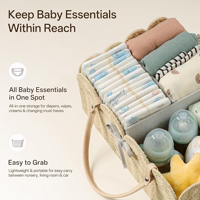 Angelhood Paper Rope Diaper Caddy, Scalloped Baskets with Removable Divider | Woven Floral Baby Diaper Organizer for Changing Table,Baby Shower Gifts,Portable Car Organizer for Diapers - Image 3