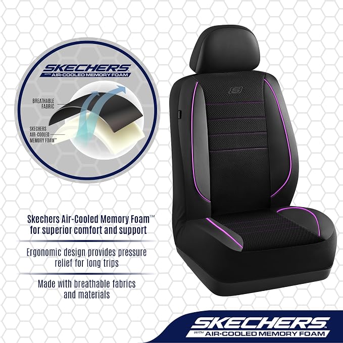 Skechers Air-Cooled Memory Foam Seat Covers,Mesh Thick Car Seat Covers,Piping Leather Car Seat Covers Front Seats,Airbag Compatible,Automotive Comfort Universal FitMost Cars,Vans,Truck,SUV,Purple - Image 4