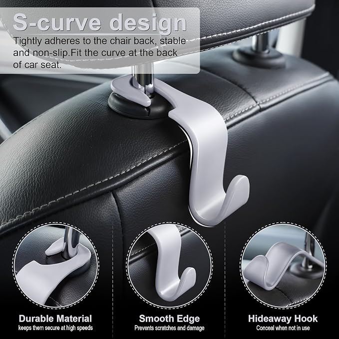 LivTee Car Seat Headrest Hook, Car Headrest Hidden Hook, 4 Pack Universal Auto Car Back Seat Hook Organizer for Purse Coat, Car Interior Accessories (Gray) - Image 2