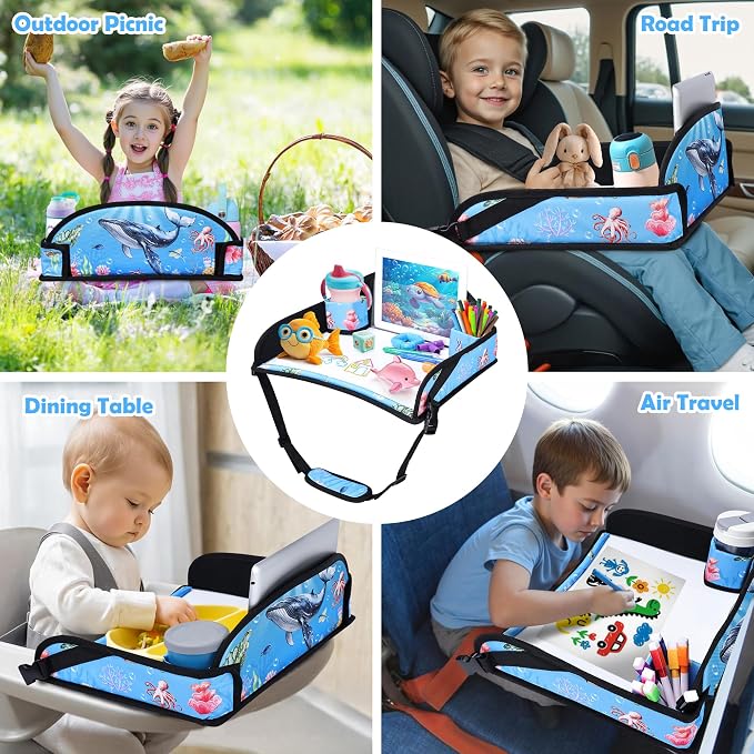 Toddler Car Seat Travel Tray FOR Road Trip Activities, Whale | Travel Tray With 16.7" x 13.4" Smooth Dry Erase Board, Cup holders, Ddjustable Strap & Shoulder Carry Strap - Image 8