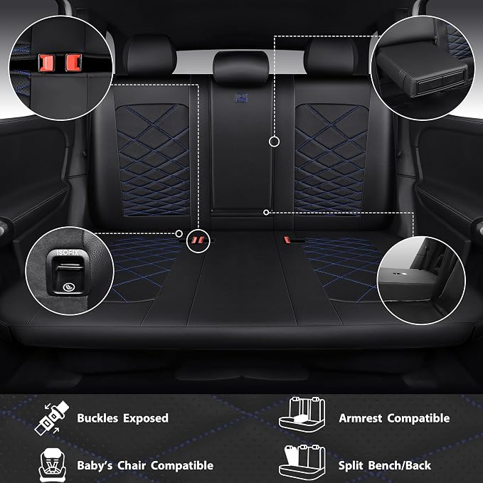CAR PASS Luxury Nappa Leather Seat Covers Full Set, Water Resistant Faux Leather Seat Cover with Lumbar Support, Breathable Automotive Seat Covers Universal Fit for Sedan SUV Van Truck, Black Blue - Image 4