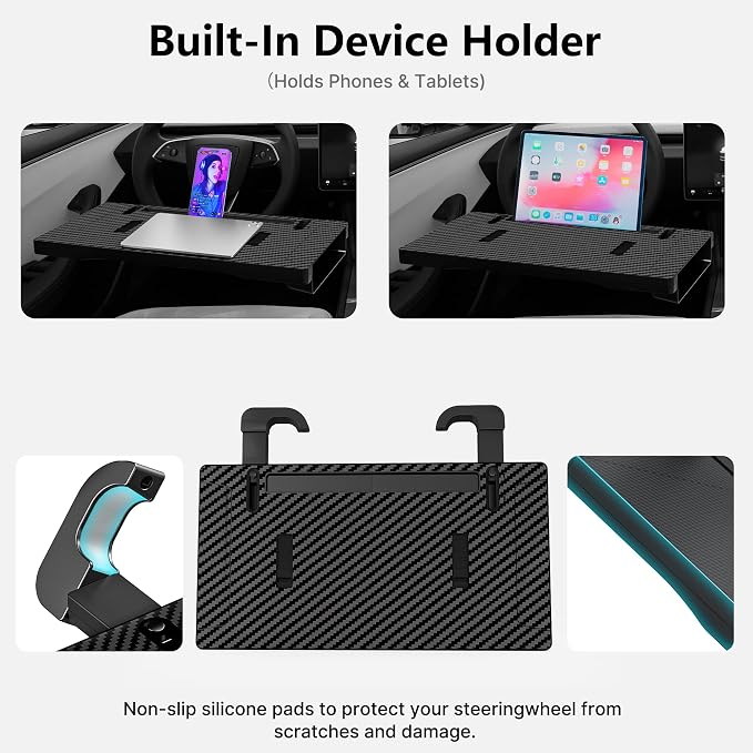 2-in-1 Car Steering Wheel Desk Tray & Seat Gap Filler Organizer | Foldable Car Laptop Table with Adjustable Hooks, Fits Most Steering Wheels, Carbon Fiber Look - Image 6
