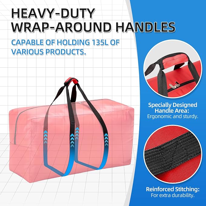 Extra Large travel duffel bag with Strong Handles, 135L Waterproof duffel bag, Durable Zippers, Extra Large Storage Totes for Space Saving and Moving Supplies, Red - Image 3