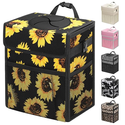 Capolo Car Trash Can with Lid, Leakproof Car Garbage Can Car Trash Bag | Waterproof, Trash Can for Car, 3 Mesh Pockets, Mini Hanging Vehicle Car Trash Bin, for Back/Front Seat (Sunflower,2.5 Gal) by Capolo