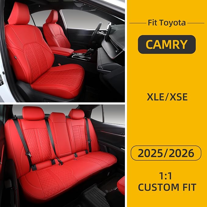 Custom Fit Camry Seat Covers for 2025 2026 Toyota Camry XLE XSE - Red | Waterproof Faux Leather Full Coverage, Car Seat Protectors Full Set with Armrest Covers, Airbag Compatible - Image 8