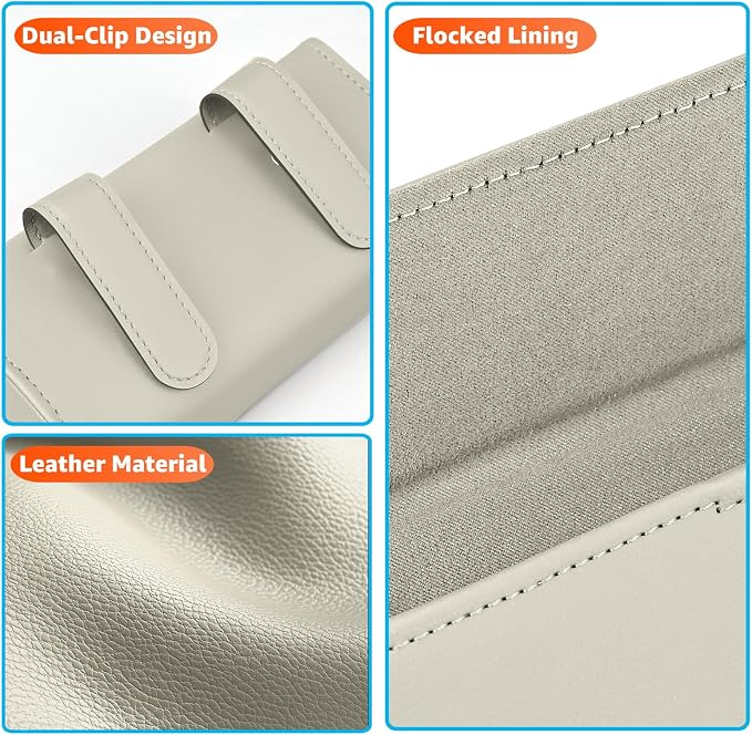 Magnetic Sunglasses Holder for Car Visor, PU Leather Clip, Beige | Soft Inner Lining, One-Handed Access, Holds Eyeglasses, Parking Tickets and Receipts, For Cars, SUVs and Trucks, 1 Pack - Image 3