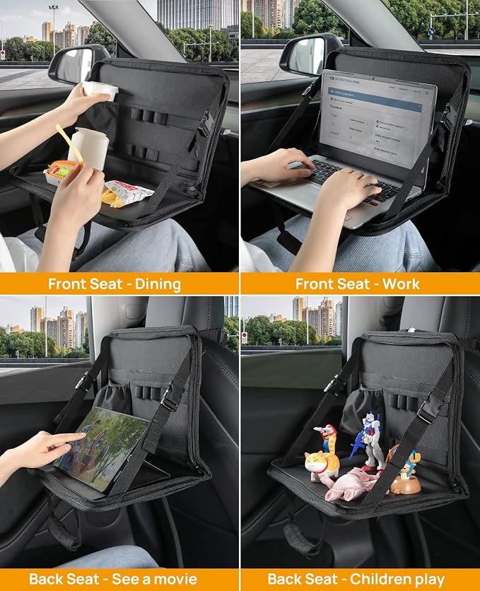 JOYTUTUS 3 in 1 Steering Wheel Eating Tray Upgraded(16.1 * 10 inch), Car Back Seat Laptop Desk, Multifunctional Car Office Bag, Car Work Table for Writing, Car Organizer for Kids, Commuters, Family - Image 3