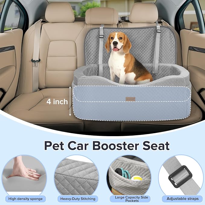 BLVRYVIO Large Dog Car Seat for Medium Sized Dogs Under 55lbs or 2 Smalls | Double Pet Booster Dog Seat for Car with 4" Memory Foam for Back Seat, Triple Safety Belts, Storage Pockets, Washable, Gray - Image 6