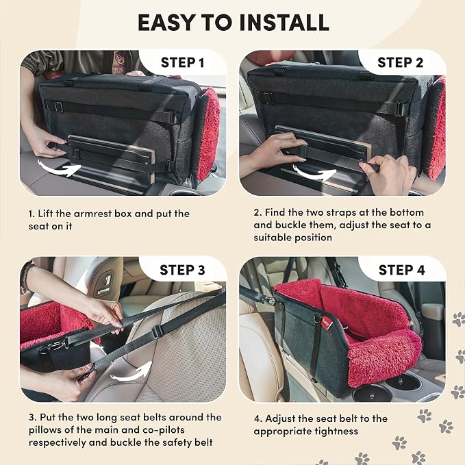 BurgeonNest Center Console Dog Car Seat for Small Pets to 11lbs, Red | Anti-collapse armrest Console seat with washable fluffy cushion, pillow & tether for stable, cozy pet travel trips. - Image 7